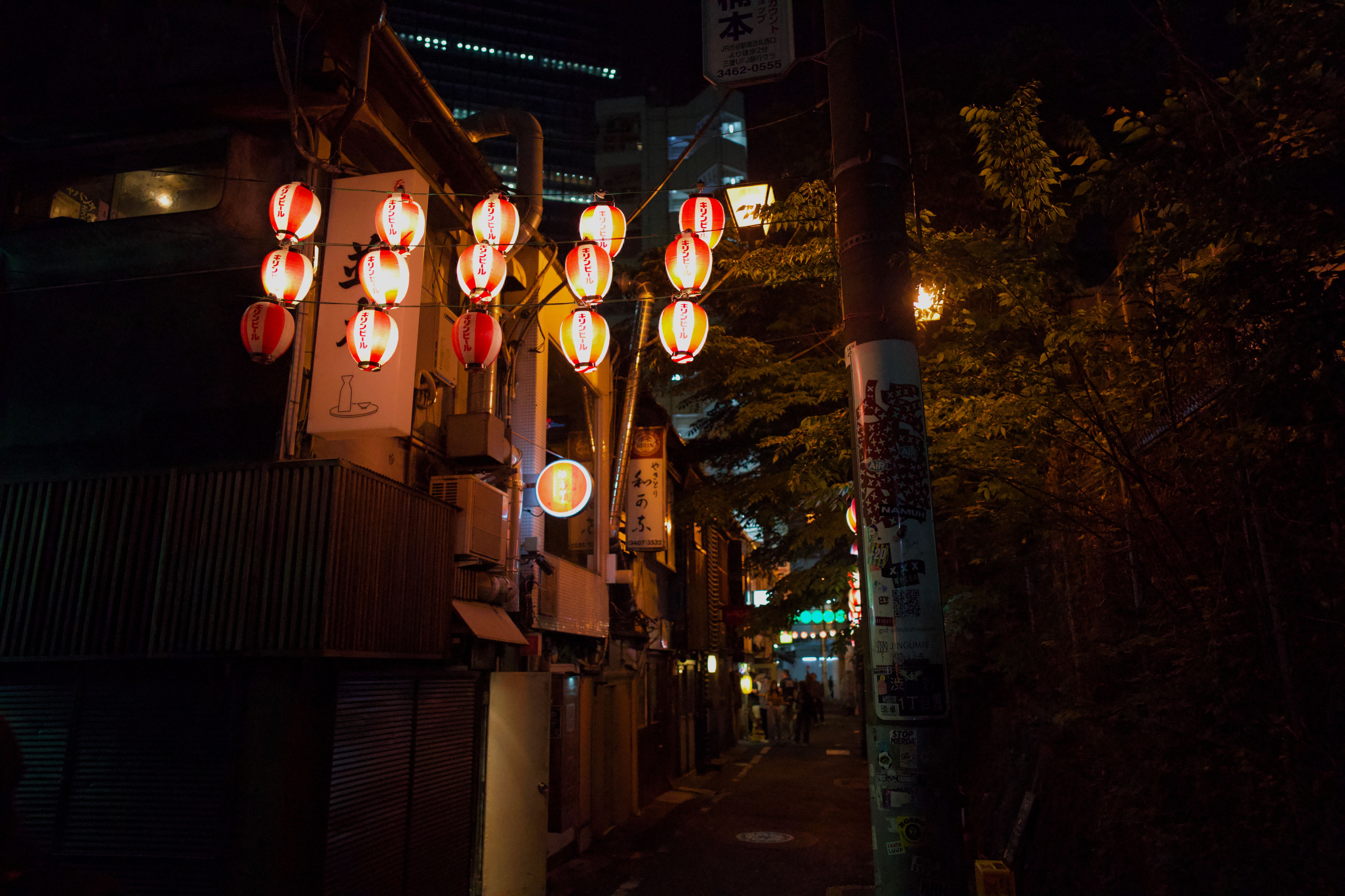 Red lanterns strung across a night izakaya alley in Tokyo