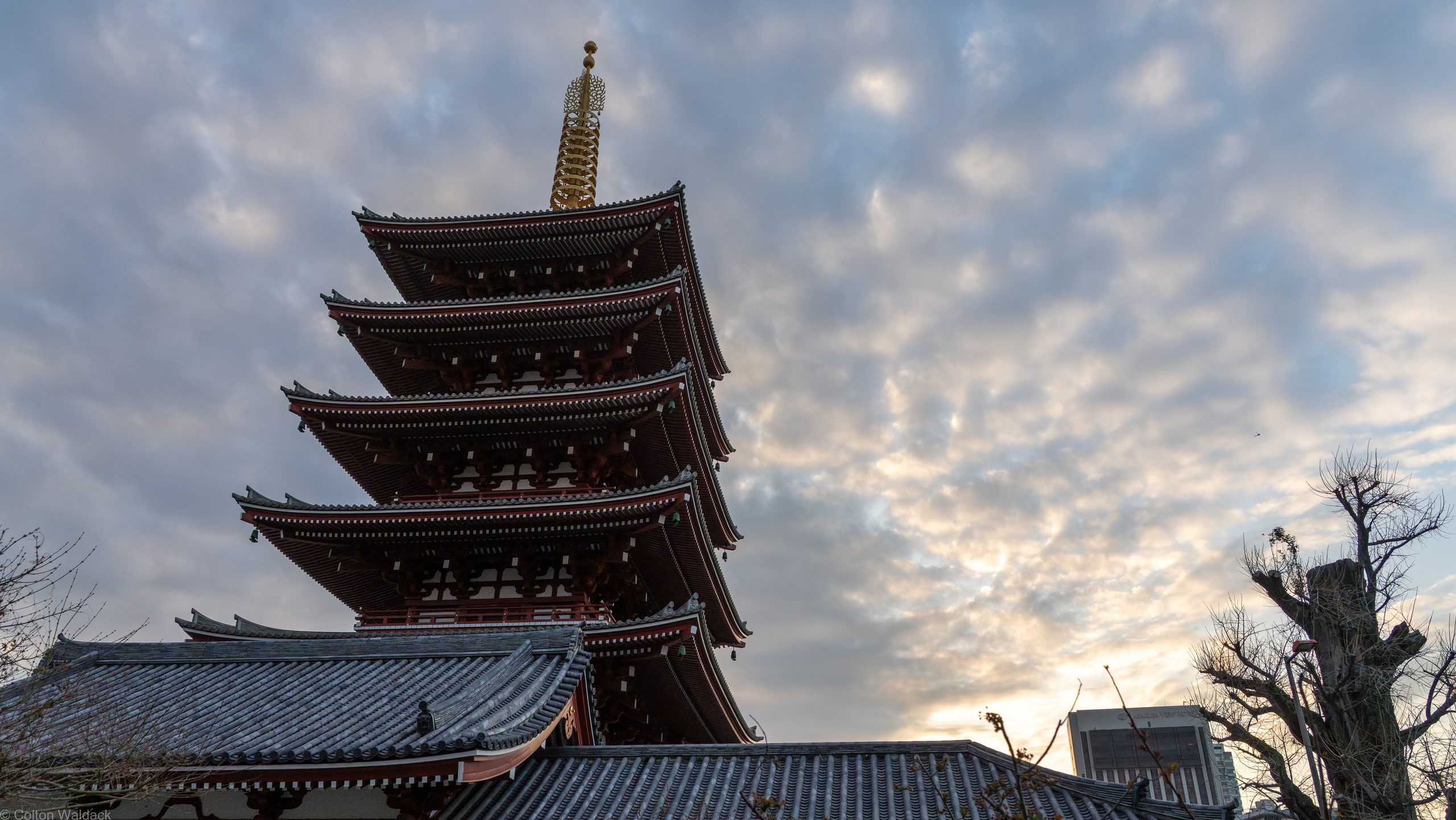 Senso-ji pagoda silhouetted against a cloudy sunset sky
